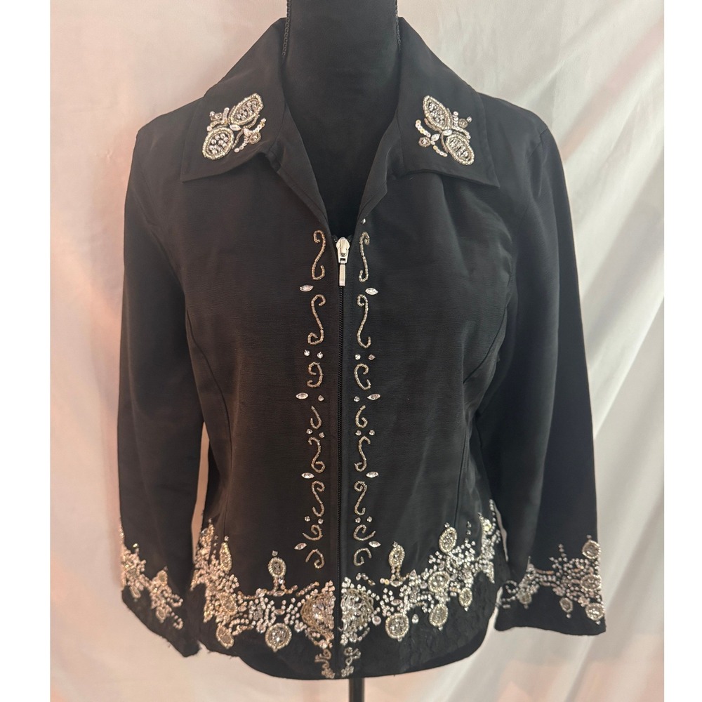 Berek Womens Black Beaded Sequin Zip Front Jacket Evening Formal Butterfly L